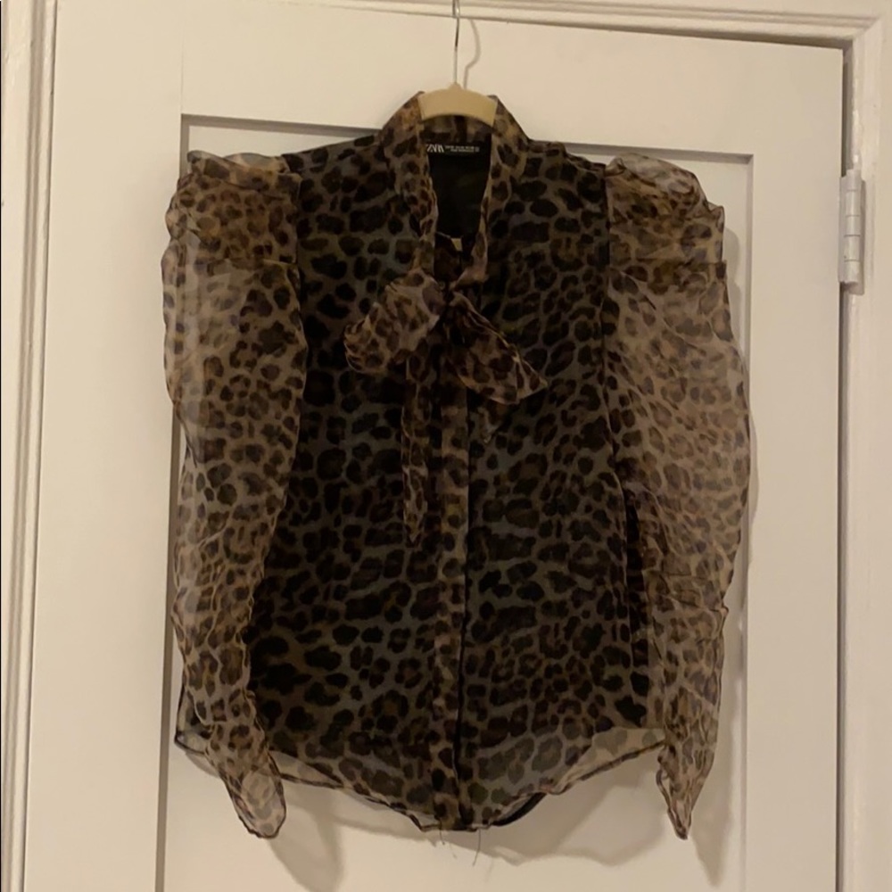 Zara Puffed Sleeve Leopard Organza Tie Top